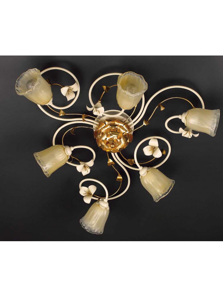 Classic ceiling lamp in wrought iron ivory gold leaf 6 lights PL 157/6