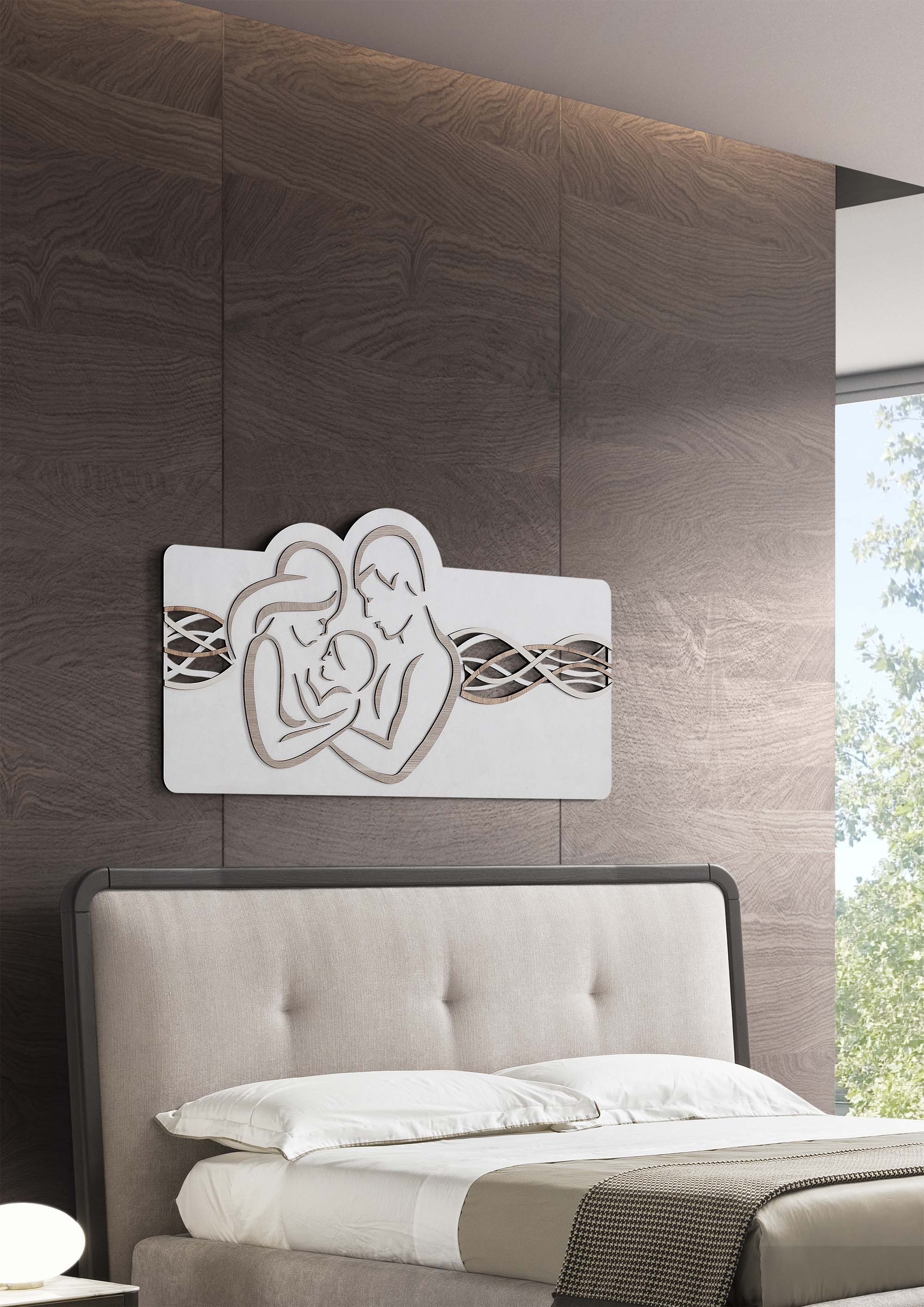 Capezzale quadro moderno stilizzato sacra famiglia 119x59 in legno M4
