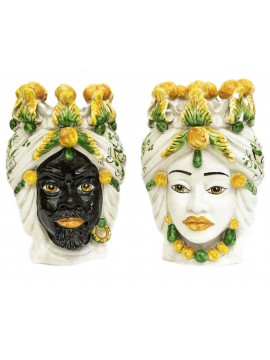 Pair of Moor's heads h30 cm in yellow Caltagirone ceramic