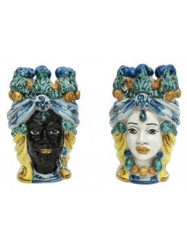 Pair of Moor's heads h20 cm in blue-green caltagirone ceramic