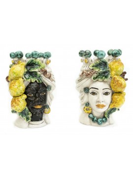Pair of moor's heads h20 cm in caltagirone ceramic decorated by hand with lemons