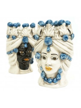 Pair of moor's heads h20 cm in blue hand-decorated caltagirone ceramic