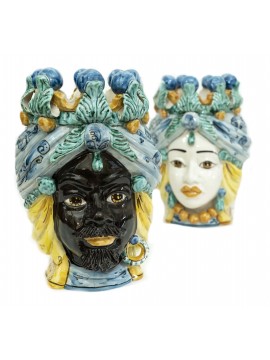 Pair of Moor's heads h30 cm in blue-green caltagirone ceramic