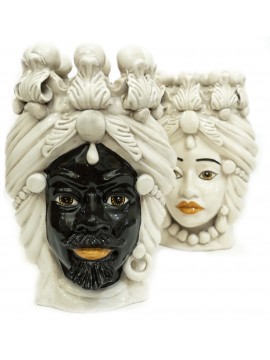 Pair of Moor's heads h30 cm in hand-decorated smoked Caltagirone ceramic