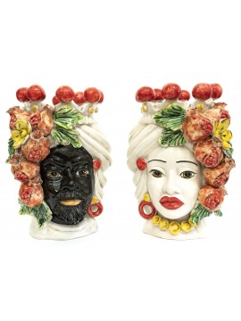 Pair of Moor's heads h30 cm in pomegranate caltagirone ceramic