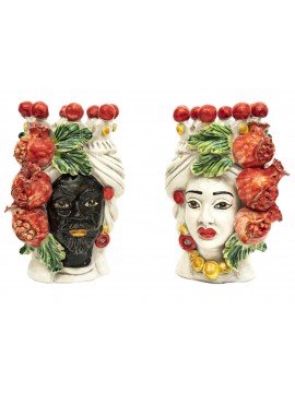 Pair of Moor's heads h20 cm in pomegranate caltagirone ceramic