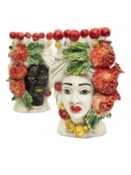 Pair of Moor's heads h20 cm in pomegranate caltagirone ceramic