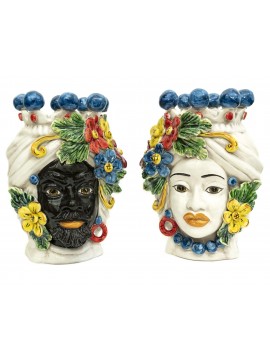 Pair of Moor's heads h30 cm in caltagirone ceramic with flowers