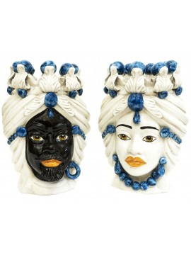 Pair of moor's heads h30 cm in blue hand-decorated caltagirone ceramic