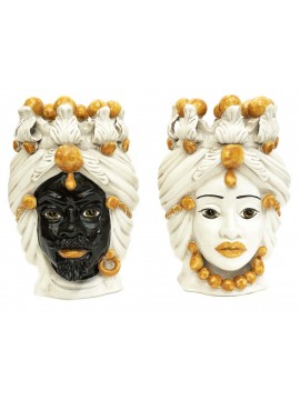 Pair of moor's heads h30 cm in amber hand-decorated caltagirone ceramic