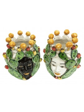 Pair of moor's heads h30 cm in caltagirone ceramic prickly pears
