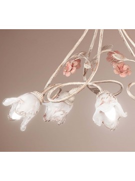 Lampadario classico in ferro battuto avorio e rosa con fiori a 5 luci DP214