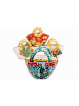 Coffa basket in Caltagirone ceramic hand-decorated with blue prickly pear decoration