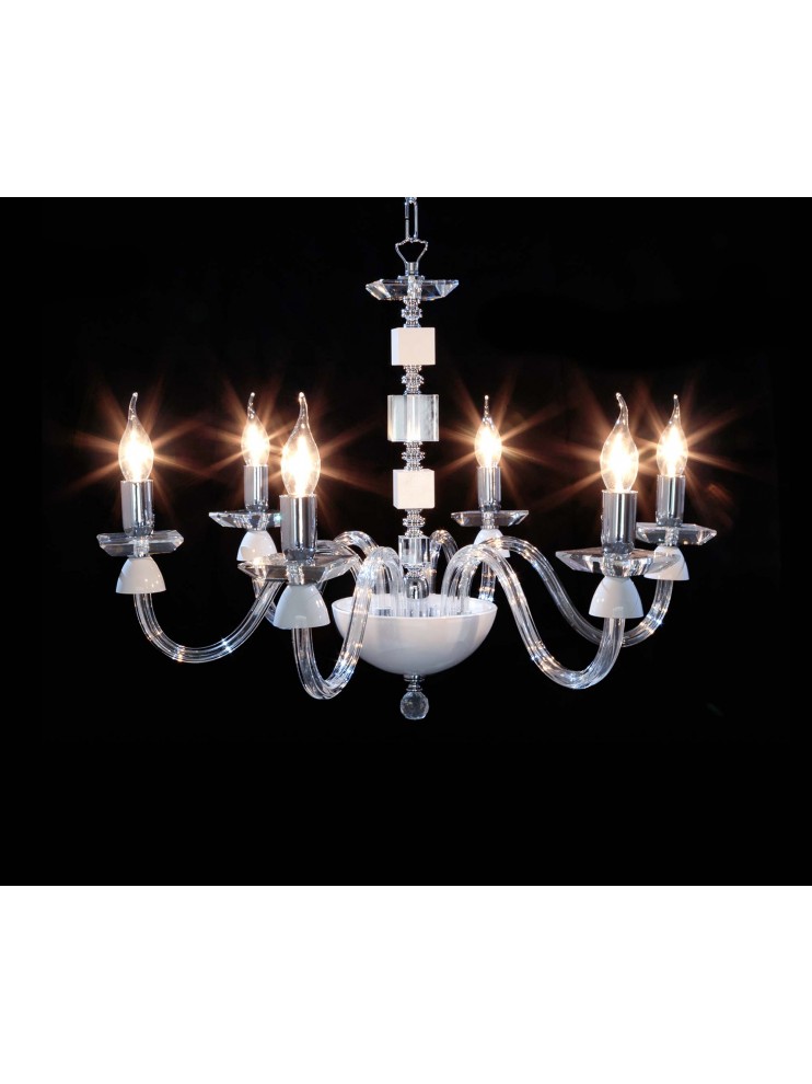 Contemporary chandelier in transparent and white crystal with 6 lights CL028